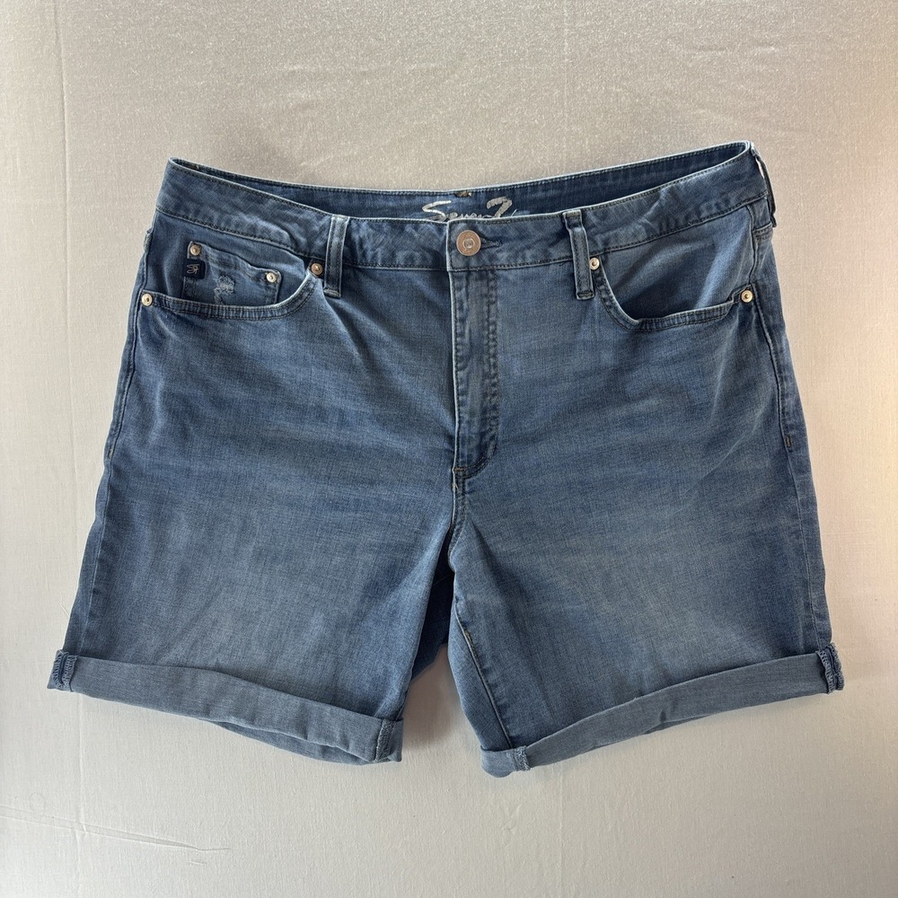 7 Seven Women's Relaxed Bermuda Denim Jean Shorts Blue Folded Hem Size 14 Womens